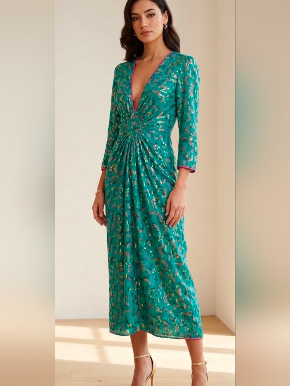 ​LIBÉLULA Luxury British Silk Metallic Midi Dress Size 38 Green Pink V-Neck